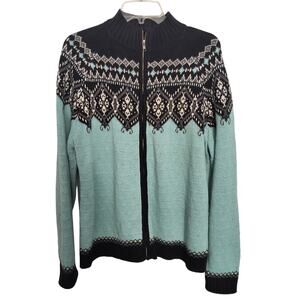 Sag Harbor Sweater Wmn's Sz L Blue Fair Isle Full Zip Long Sleeve Knit Cardigan